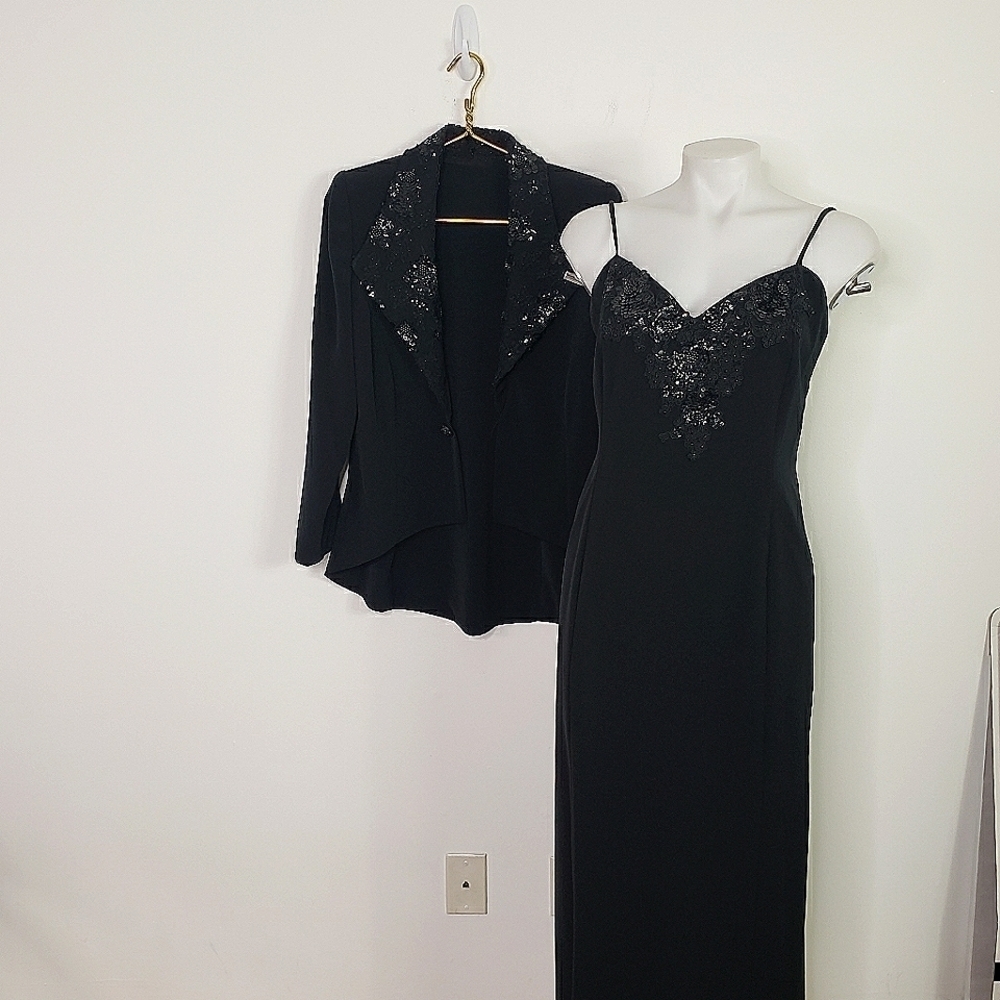 Formal black dress with sequin neckline matching jacket